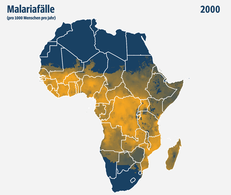 Verbreitung von Malaria in Afrika (je heller, desto höhere Fallzahlen: von 0 bis mehr als 685 Erkrankte pro 1000 Menschen pro Jahr)