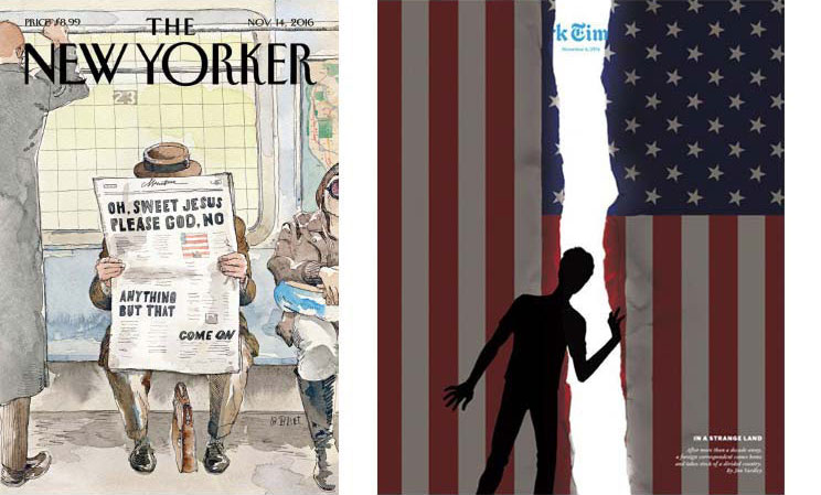 „Alles außer das“  und „Das geteilte Land“: Die Cover des New Yorker und des New York Times Magazin vor der Wahl Trumps.